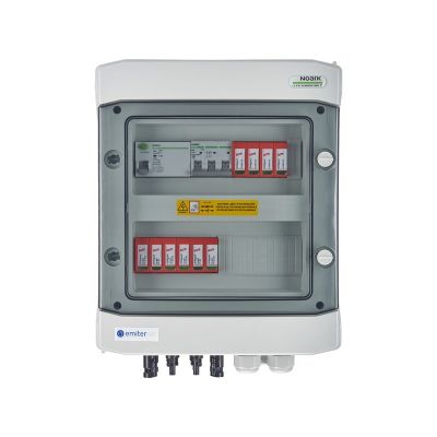 DCAC hermetic IP65 EMITER connection switchboard with Dehn 1000V DC surge arrester type 2, 2 x PV string, 2 x MPPT // Dehn AC limiter type 2, 16A 3-F, RCD type A 40A/300mA