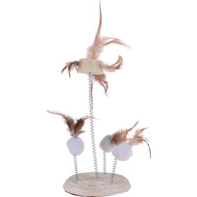 13. CAT TOY, FEATHERS ON SPRINGS ON A SCRATCHING POST BASE 14X33CM
