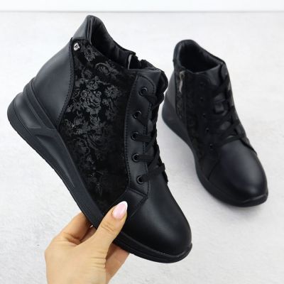 2. Women's leather ankle boots with floral pattern on a wedge heel, black Filippo DBT7280