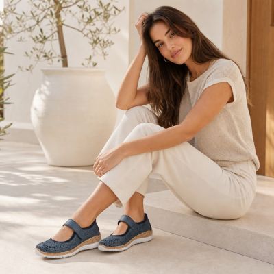 6. Rieker N4299-14 women's comfortable velcro shoes, openwork, blue