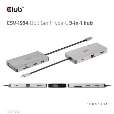 11. CLUB3D CSV-1594 USB 3.2 Gen 1 (3.1 Gen 1) Type-C Docking Station Black, Gray