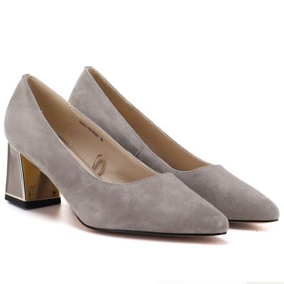 3. Women's leather shoes with a decorative block heel, beige Vinceza 26-66921