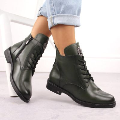7. Women's lace-up and zippered green ankle boots Potocki SZ12179