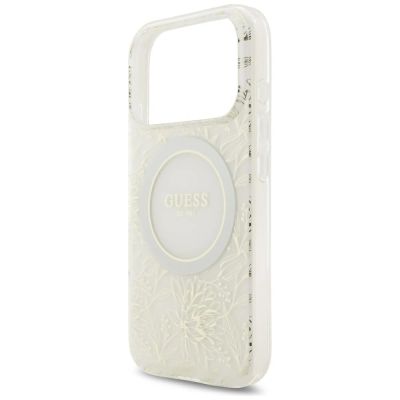 6. Guess IML Flowers Allover Electroplated with Pearl Strap MagSafe Case for iPhone 18 Pro / 17 Pro - White