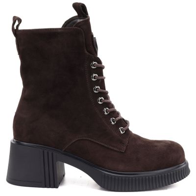 2. Women's leather ankle boots with a block heel and platform, chocolate brown, Vinceza 67009