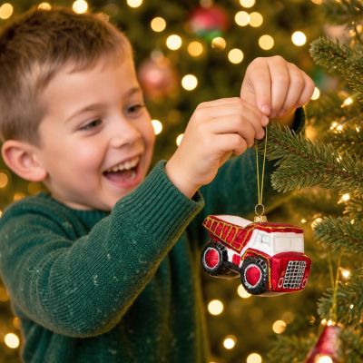 6. MICA GLASS CHRISTMAS TREE ORNAMENT IN THE SHAPE OF A DUMP TRUCK