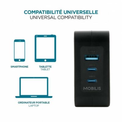 4. Mobilis Charger 100W 2USB C 1USBA GaN cable 100W Laptop, Smartphone, Tablet Black Alternating Current Internal