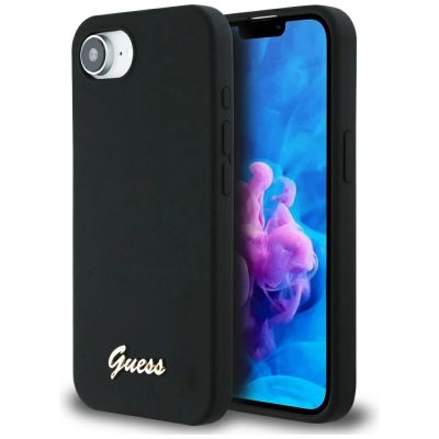 Guess Silicone Script Metal Logo MagSafe iPhone 16e Case - Black