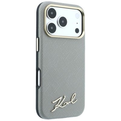 4. Karl Lagerfeld Saffiano Small Script Metal Logo MagSafe Case for iPhone 18 Pro / 17 Pro - Beige
