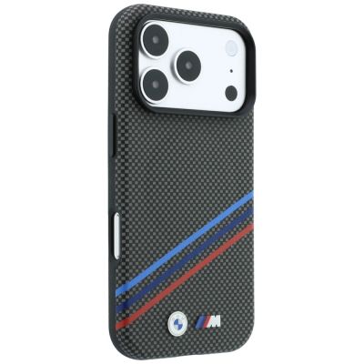 4. BMW M Quadrille Kevlar Print Tricolor Lines & Metal Logo MagSafe Case for iPhone 18 Pro Max / 17 Pro Max - Dark Gray