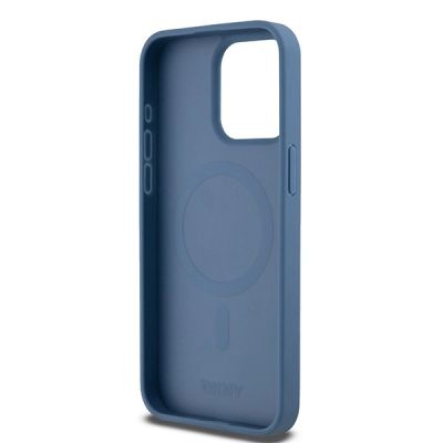 12. DKNY Leather Monogram Pattern Metal Logo MagSafe Case for iPhone 15 Pro Max - Blue