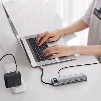 8. Baseus Metal Gleam 11in1 multifunctional USB Type C HUB - 3x USB 3.2 Gen 1 5Gbps / USB Type C PD 100W / 3.5 mm mini jack AUX / VGA Full HD 60Hz / 2x HDMI 4K 30Hz / TF and SD card reader / RJ45 1Gbps gray (CAHUB-CT0G)