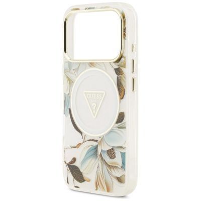 6. Guess IML Glitter Flowers Triangle MagSafe Case for iPhone 17 Pro / 18 Pro - White