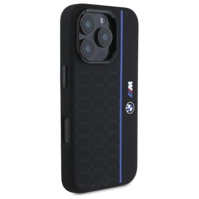 4. BMW Silicone Hexagon Blue Line MagSafe iPhone 16 Pro Case - Black