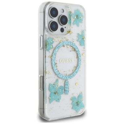 4. Guess Resin Flowers Glitter MagSafe iPhone 16 Pro Case - Clear Green