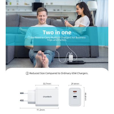 3. Choetech PD6013 2x USB-C PD 65W GaN wall charger - white
