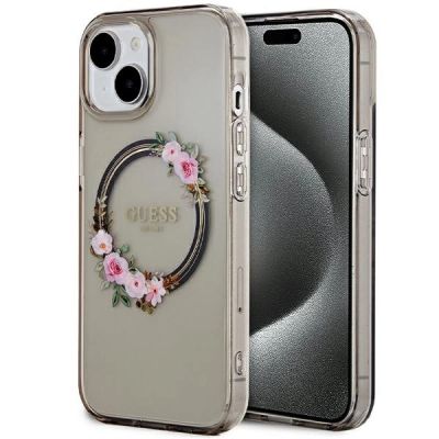 Guess IML Flowers Wreath MagSafe case for iPhone 15 / 14 / 13 - black