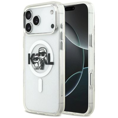 Karl Lagerfeld IML Glitter Karl & Choupette Sketch Logo MagSafe Case for iPhone 17 Pro Max - Clear