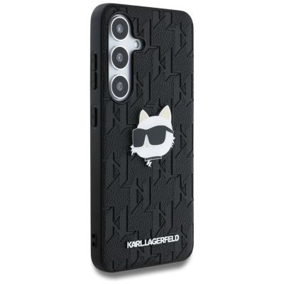 4. Karl Lagerfeld Leather Monogram Pin Logo Choupette Head Samsung Galaxy S25 Case Black
