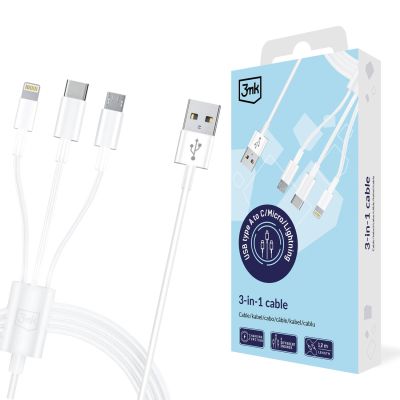 3mk Cable 3in1 USB-A - micro USB / Lightning / USB-C 1.2m 20V/2.4A 15W - white