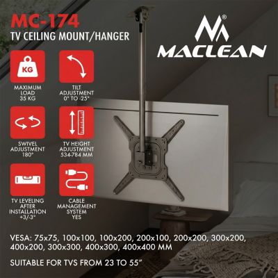 15. MACLEAN CEILING MOUNT / HANGER FOR TV, MAX. LOAD 35KG, 23-55", MAX VESA 400X400 MC-174
