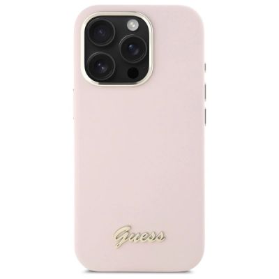 3. Guess Silicone Script Metal Logo & Frame iPhone 16 Pro Max Case - Pink