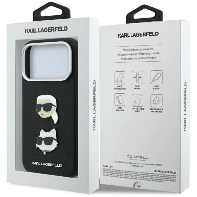 8. Karl Lagerfeld Saffiano Case with Karl & Choupette Heads Pins & Logo for iPhone 18 Pro Max / 17 Pro Max - Black