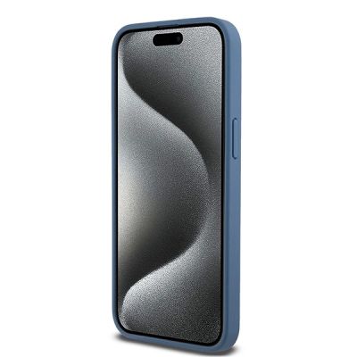 5. DKNY Leather Monogram Pattern Metal Logo MagSafe Case for iPhone 15 Pro Max - Blue