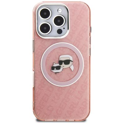 3. Karl Lagerfeld IML Glitter Karl & Choupette Heads Logo MagSafe Case for iPhone 16 Pro Max - Pink