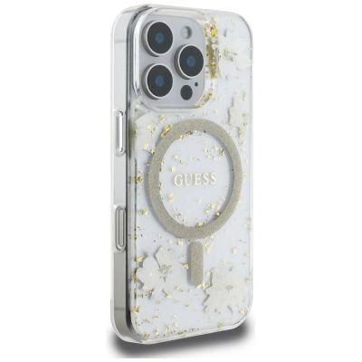 4. Guess Resin Flowers Glitter MagSafe iPhone 16 Pro Case - Beige