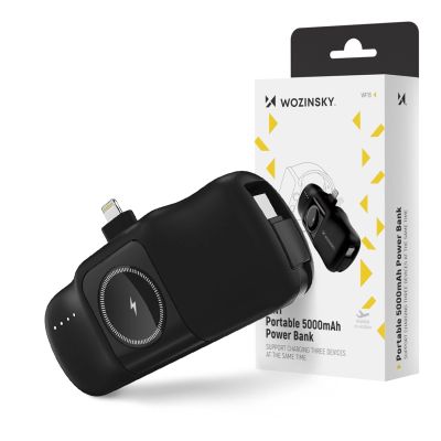 13. Wozinsky WF16-YLS 5000mAh 15W Lightning Mini Power Bank with Built-in USB-C Cable and Apple Watch Charger - Black