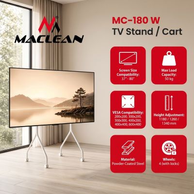 7. MACLEAN TV STAND / TROLLEY FOR MACLEAN TV, ON WHEELS, 37-80", MAX. LOAD 50KG, MAX. VESA 600X400, WHITE, MC-180