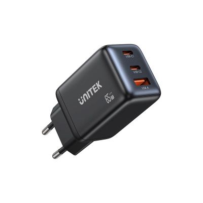 UNITEK GAN WALL CHARGER 2X USB-C USB-A ,PD 3.0, 65W, BLACK