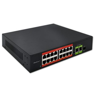 Qoltec SWITCH Fast Ethernet PoE Network Switch | 16x RJ45 10/100 Mb/s | 2x RJ45 Uplink 1000 Mb/s | 1x SFP 1000 Mb/s