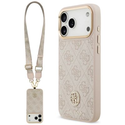 Guess 4G Strass Logo & Big Strap Metal Buttons MagSafe Case for iPhone 17 Pro Max - Pink