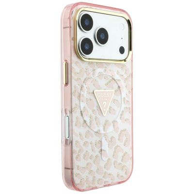 4. Guess IML Leopard Glitter Triangle Logo MagSafe Case for iPhone 17 Pro / 18 Pro - Pink