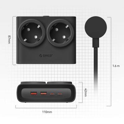5. Orico PDC25 25W 6in1 Power Strip 2x AC + 2x USB-A + 2x USB-C - Black