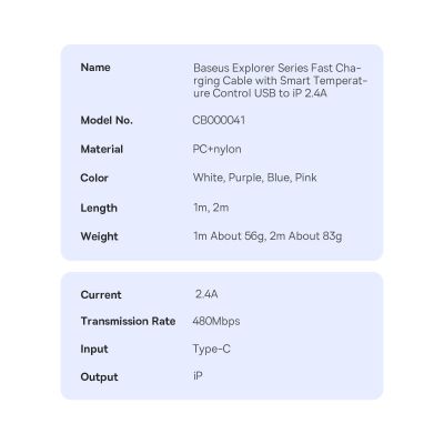 21. Baseus Explorer Series cable USB - Lightning 2.4A 2 m white (CATS010102)