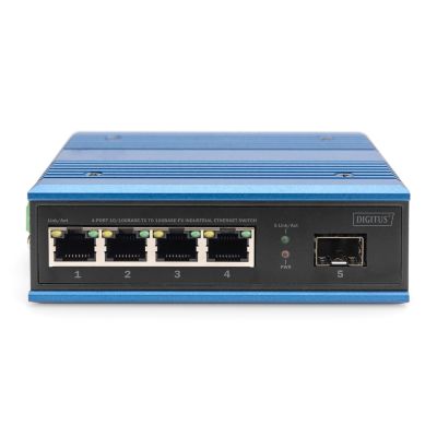 16. Industrial switch 4x 100 Base-TX + 1x uplink 100Base-FX (without module) DIN extended temperature range.