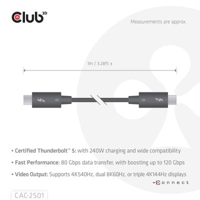5. CLUB3D CAC-2501 Thunderbolt Cable 1m 120 Gbit/s Black