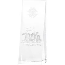 3D engraved glass trophy in a case