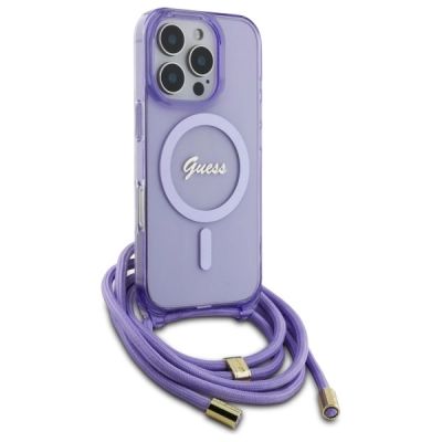 3. Guess Crossbody Cord Script MagSafe Case for iPhone 16 Pro - Purple