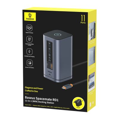 5. Baseus Spacemate RD1 hub 11in1 USB-C docking station - 2xHDMI 4K@60Hz 2xDP 4K@60Hz 2xUSB-A 10Gb/s USB-C 10Gb/s RJ45 USB-A 480Mb/s USB-C PD mini jack 3.5mm EU charger - gray