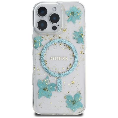 3. Guess Resin Flowers Glitter MagSafe iPhone 16 Pro Case - Clear Green