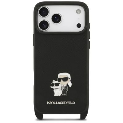 4. Karl Lagerfeld Saffiano Karl&Choupette Metal Pin CBDY Strap Case for iPhone 18 Pro / 17 Pro - Black