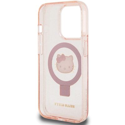 7. Hello Kitty Ring Stand Glitter Electrop Logo MagSafe Case for iPhone 15 Pro - Pink