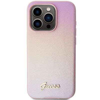 3. Guess Saffiano Iridescent Script case for iPhone 14 Pro Max - pink