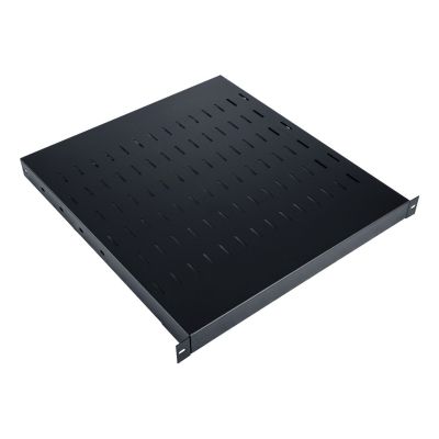 5. 19" adjustable shelf, 1U, depth 500-900 mm, load capacity 100 kg, 4-point mounting, black, screws included.