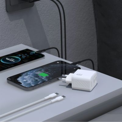 3. Dudao A28PCEU PD 45W GaN 2xUSB-C Wall Charger with USB-C Cable - White