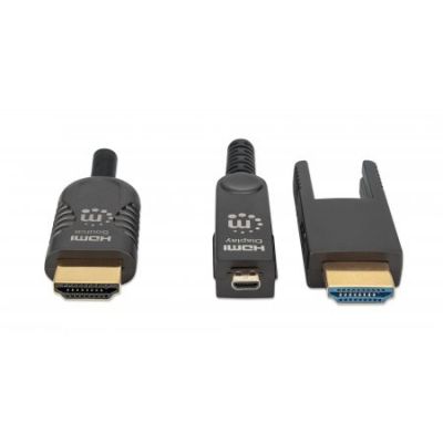3. MANHATTAN High Speed Active Fiber Optic Cable with Detachable Connector 4K@60Hz UHD, HDMI Male to Micro HDMI Male (Type D) and Detachable HDMI Male (Type A), 30m, HEC, ARC, Gold-Plated Contacts